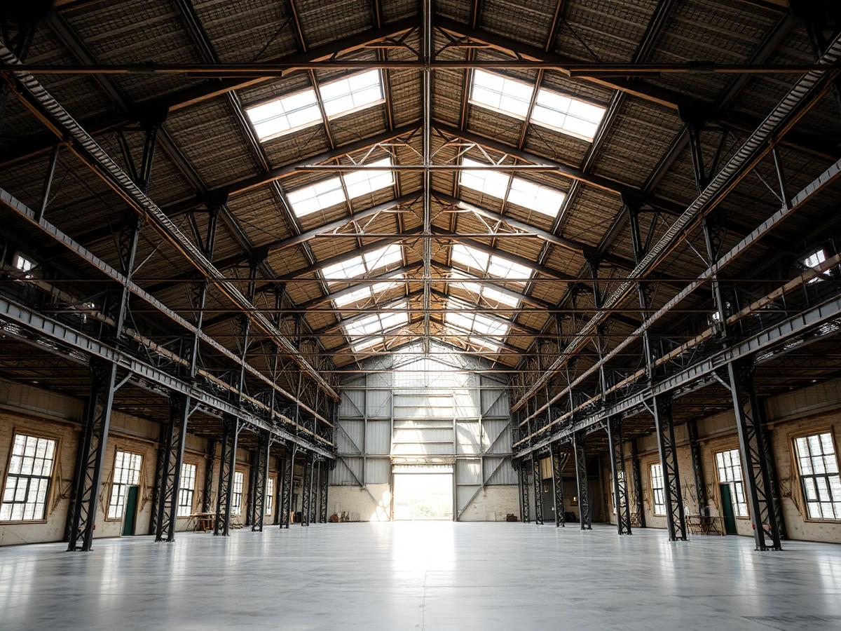 Interior hală industrială cu structură metalică și luminatoare